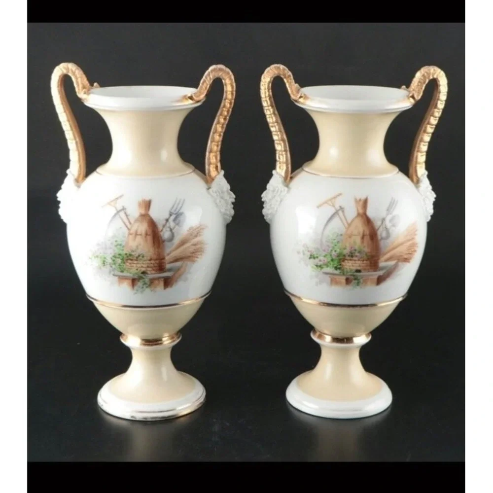 Bing & Grondahl B&G Pair Porcelain Urn Vases Hand Painted Floral Gold Gilt